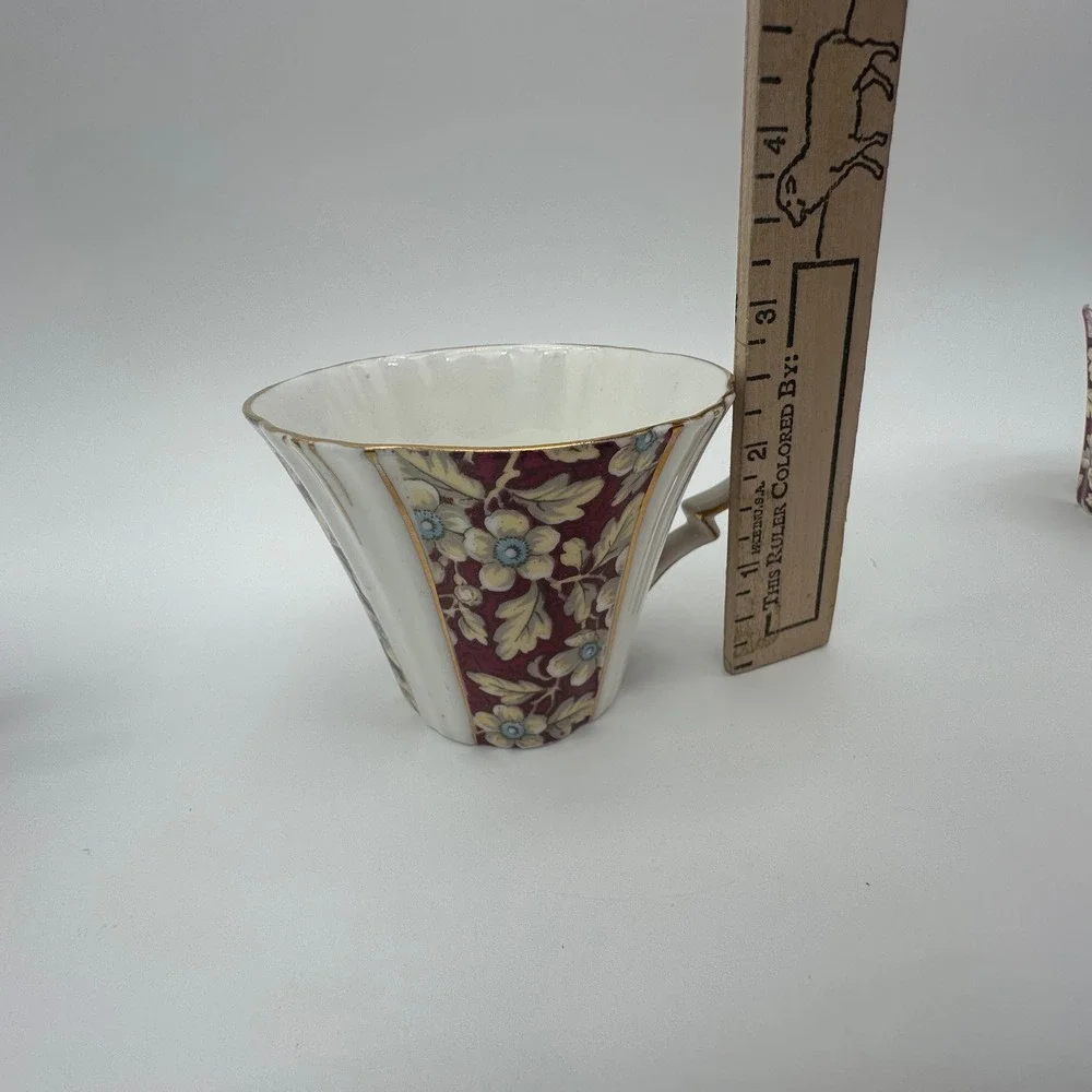 Royal Albert Brocade Art Deco Panel Shape Teacups and Saucers Set of 3 Burgundy
